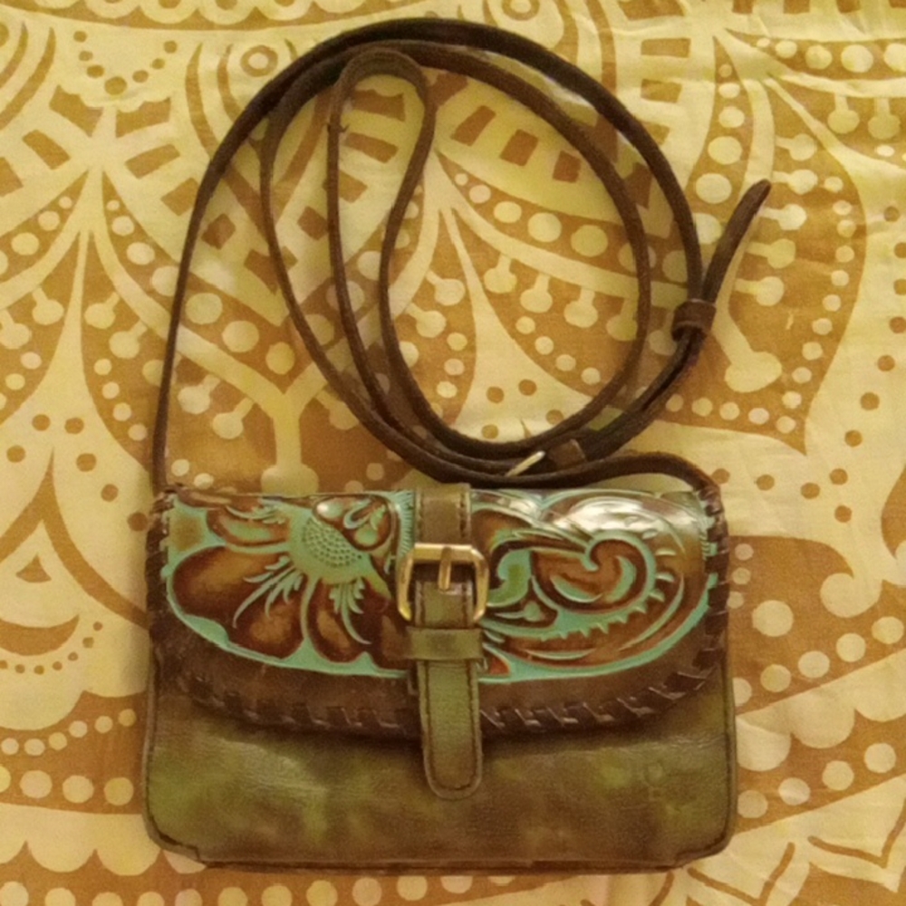 Patricia Nash Brown and Turquoise Floral Leather Embossed Crossbody Bag Purse